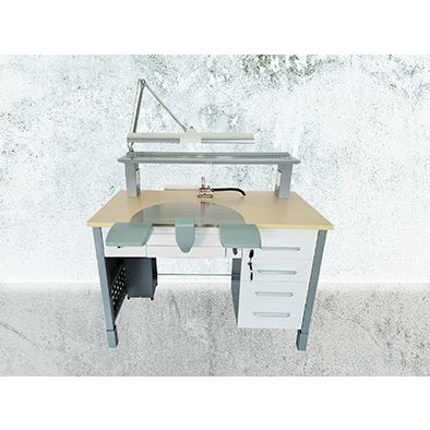 Laboratorní stůl kovový - dřevo/sv.šedá/modrá